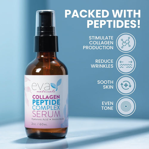 Collagen Serum for Face by Eva Naturals - Anti Aging Multi Peptide Face Serum with Hyaluronic Acid - Firming Hydrating Wrinkle Reducer Peptide Serum for Women & Men - Fragrance Free 2 oz